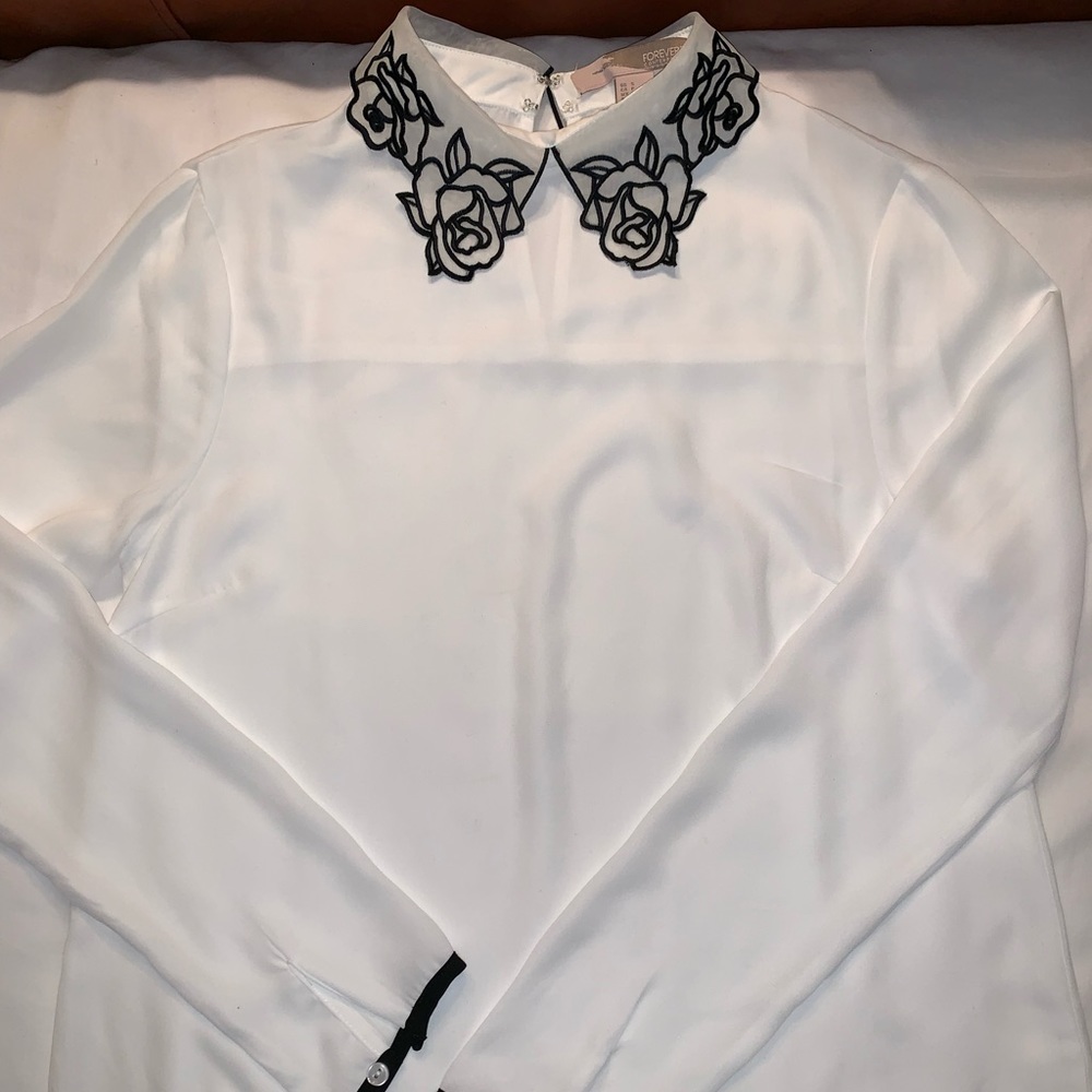 White Blouse with Black Floral Colar